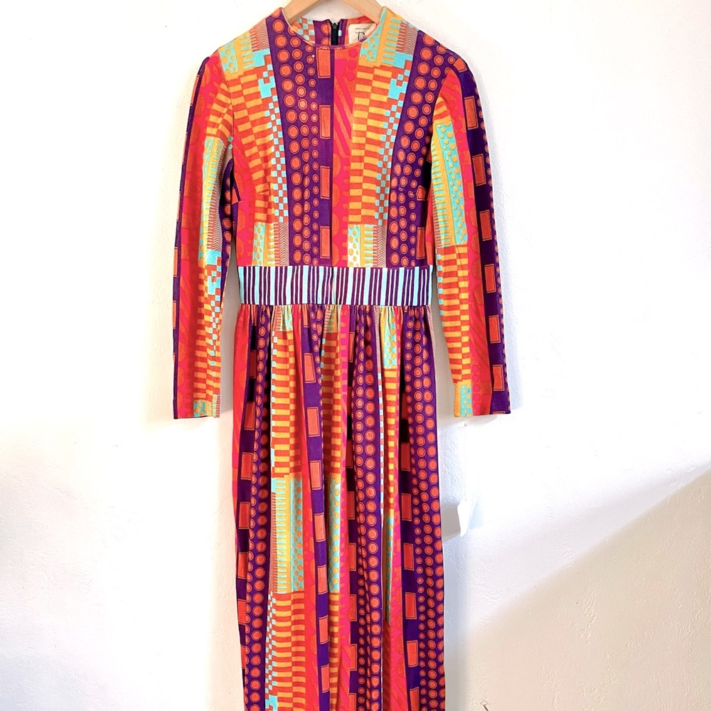 Vintage Colorful Retro Neon Geo Abstract 70s Maxi Gown Jersey Knit Dress